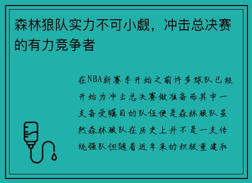 森林狼队实力不可小觑，冲击总决赛的有力竞争者